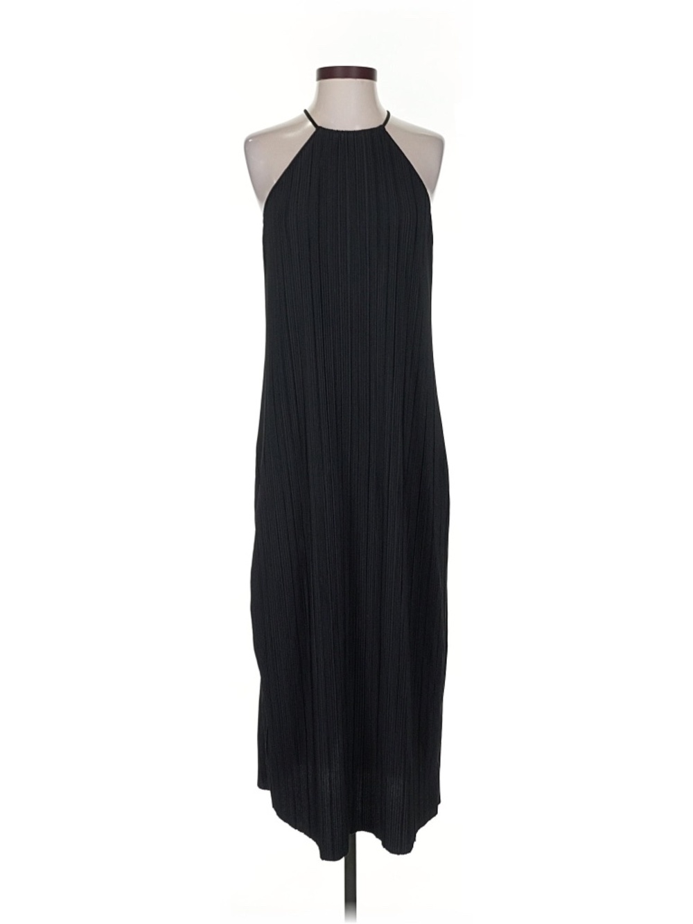 Elegant Black Halter Dress ribbed small slit in back midi length